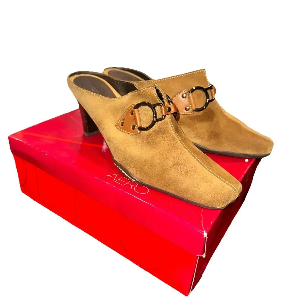 AEROSOLES WOMEN'S 9.5 Shoes Brown Leather CINCH WORM Mules Heels Cafe